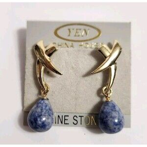 Vtg NEW! YEN China House Genuine Stone Gold-toned Xs With Dangling Blue Marble